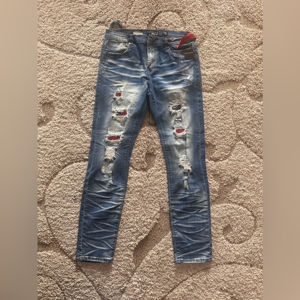 COTE DE NUITS GUERRE ET PAIX HAUTE COUTURE BANDANA DISTRESSED JEANS SIZE 36W 33L